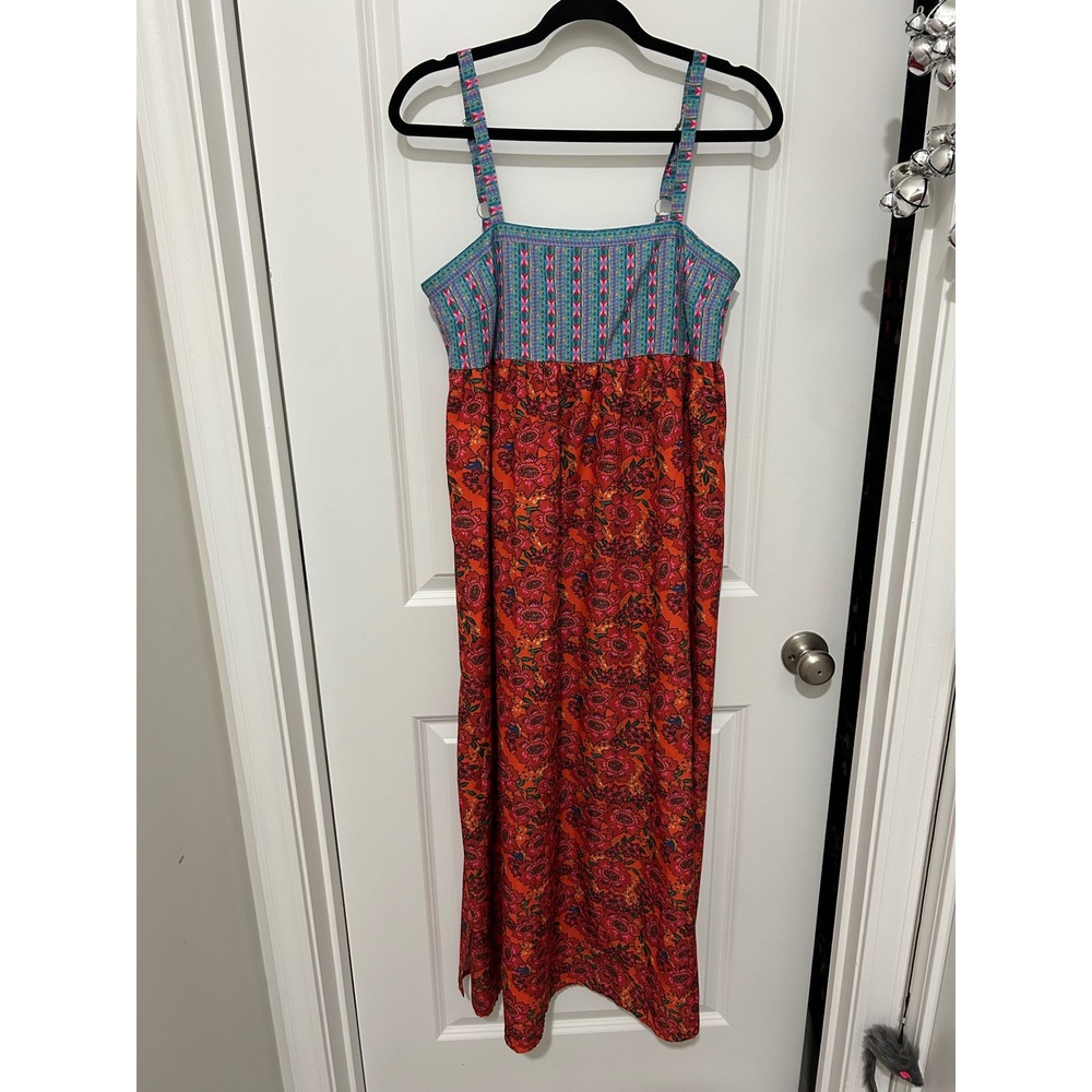 Boho Floral‎ Maxi Dress Square Neck Adjustable Straps Orange Blue Print S